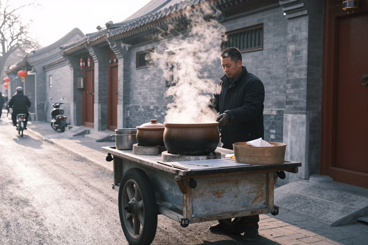 Early morning street vendor stall with clay pot and woven baskets in Beijing China in in Beijing, China