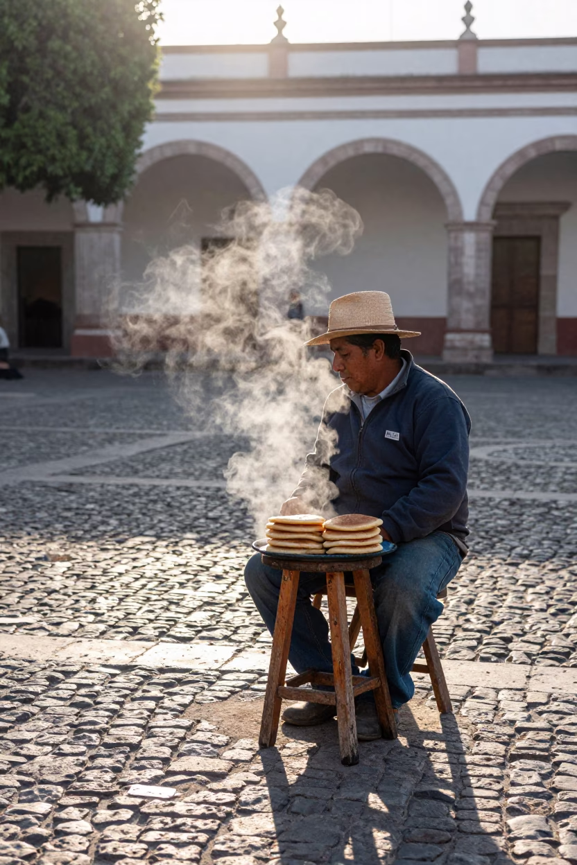 Early Morning Street Vendor with Arepas in Merida Mexico Courtyard in in Merida, Mexico