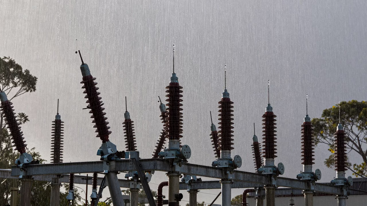 Early Morning Substation Insulators Sparkling with Rain Under Floodlights in Perth Western Australia in in Perth, Western Australia, Australia