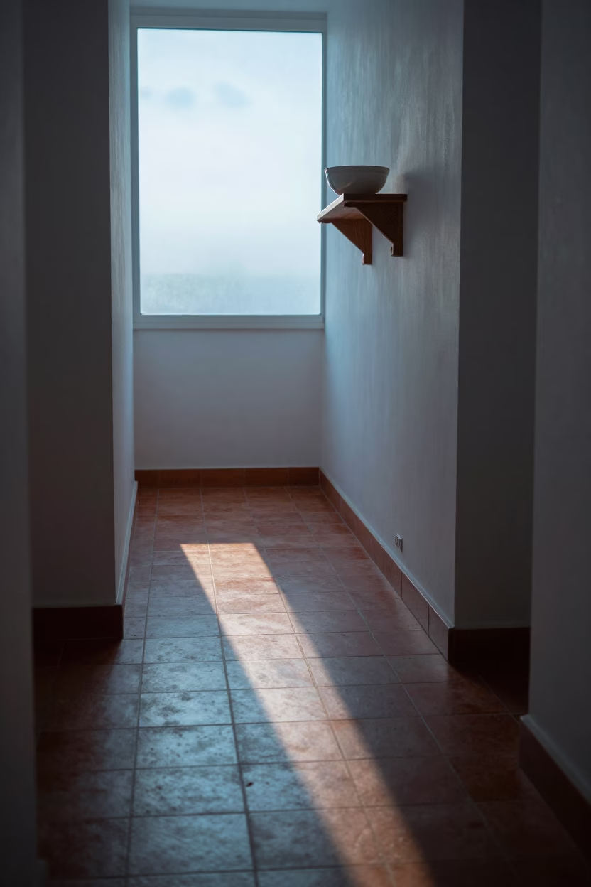 Early morning sun stripe across tiled floor in Marseille apartment in in Marseille, France