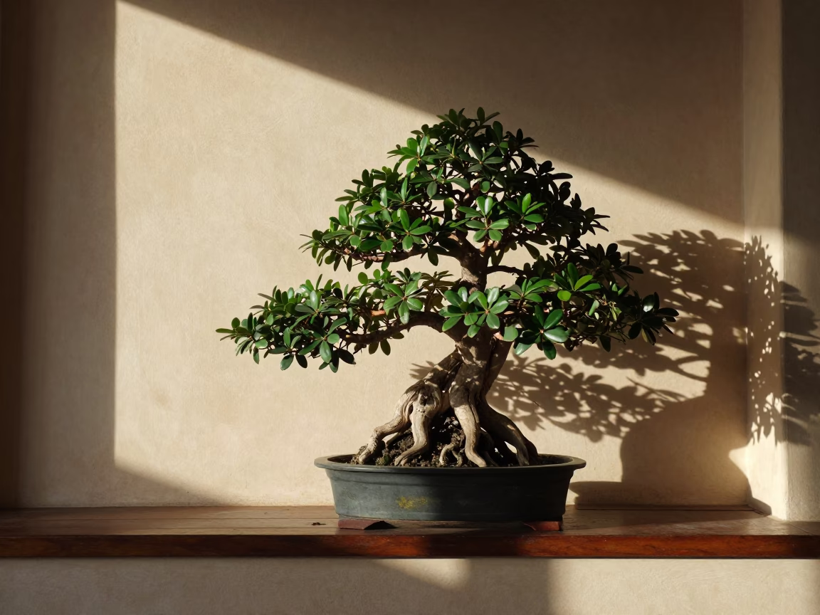 Early Morning Sunlight and Jade Bonsai in Muscat Oman Interior in in Muscat, Oman