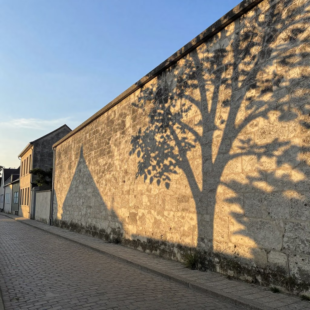 Early Morning Sunlight and Leaf Shadows on a Stone Wall in Nice France in in Nice, France