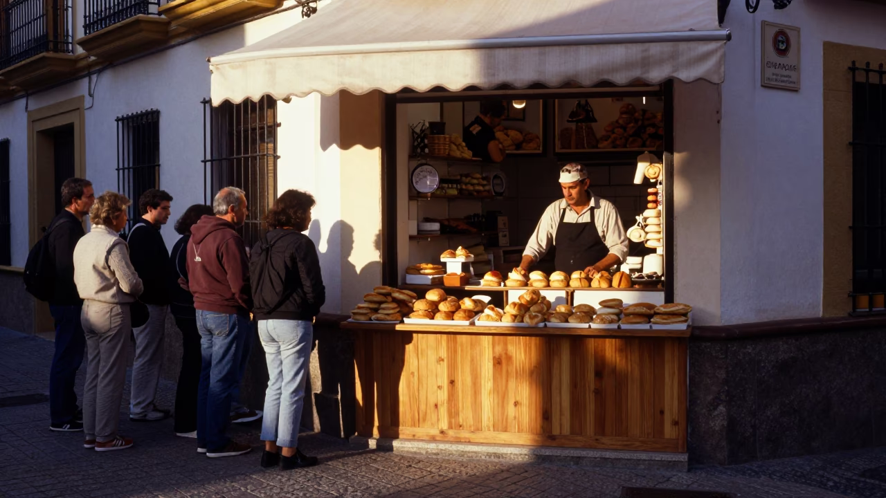 Early Morning Sunlight and Pastries in Seville Spain Street Scene in in Seville, Spain