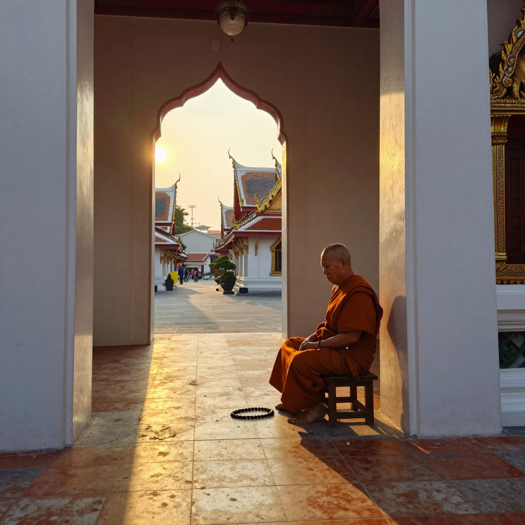 Early Morning Sunlight and Prayer Beads at Bangkok Temple Street Scene in in Bangkok, Thailand