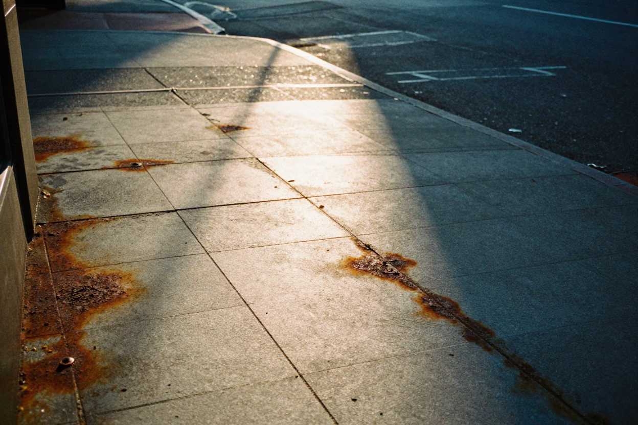 Early Morning Sunlight and Rust on Portland Oregon Street Corner Tile in in Portland, Oregon, United States
