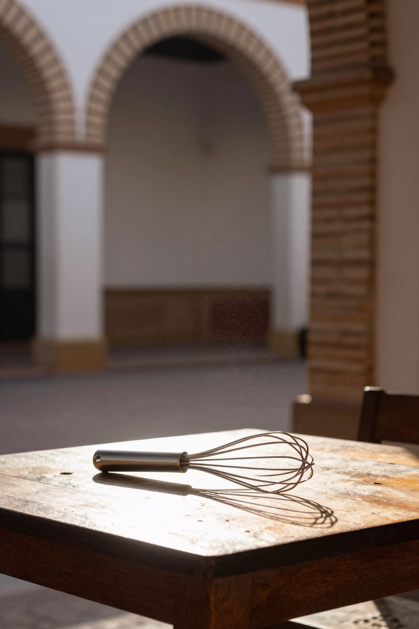 Early Morning Sunlight and Whisk on Wooden Table in Seville Spain in in Seville, Spain