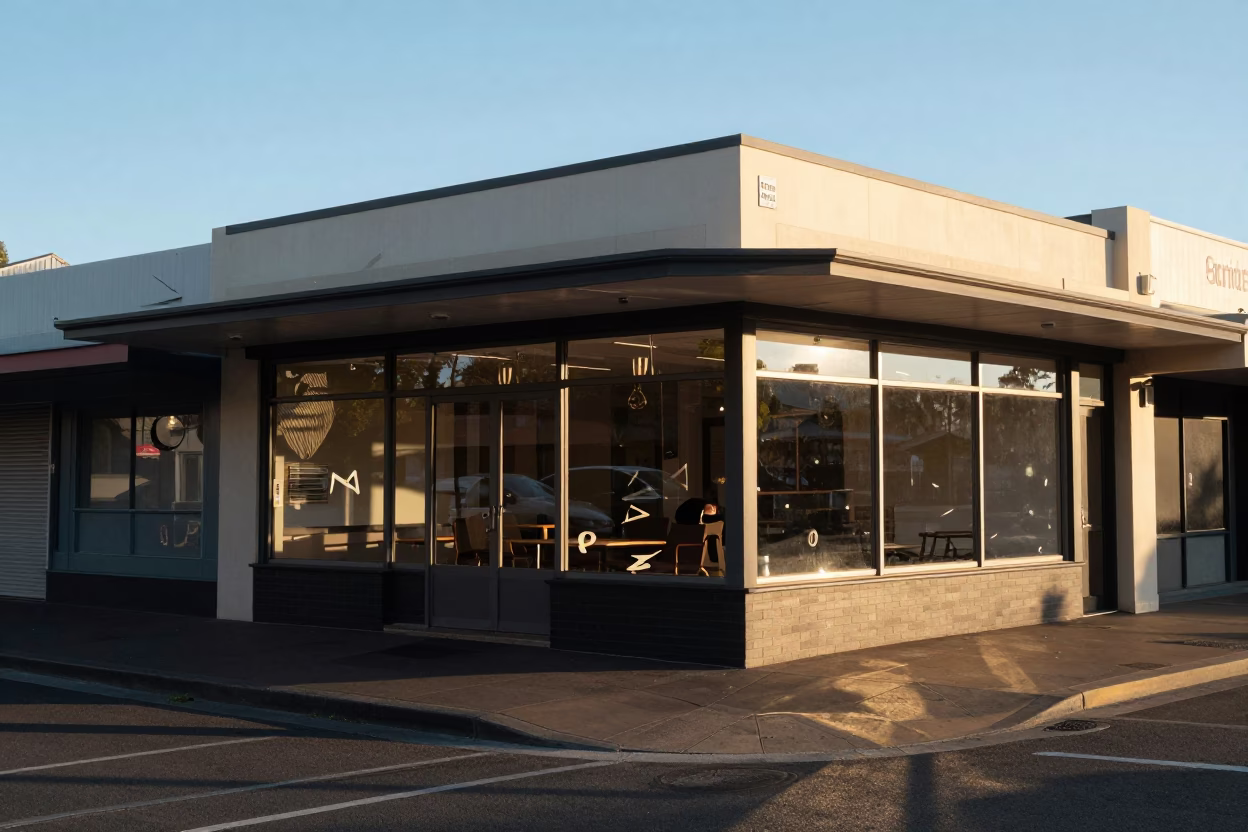 Early Morning Sunlight on Adelaide Street Corner with Clear Glass Window Reflections in in Adelaide, South Australia, Australia
