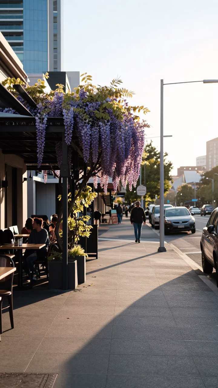 Early Morning Sunlight on Adelaide Terrace Street Scene with Wisteria and City Skyline in in Adelaide, South Australia, Australia