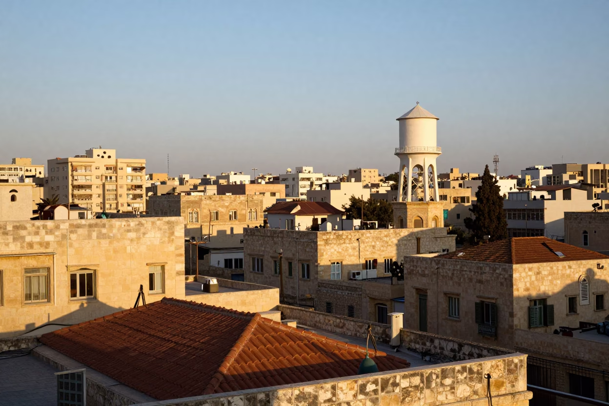 Early Morning Sunlight on Alexandria Rooftops and Water Tower in in Alexandria, Egypt