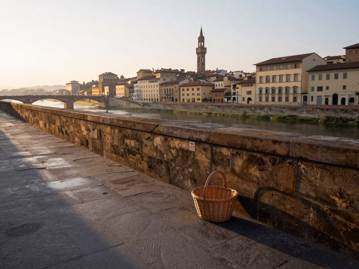 Early Morning Sunlight on Arno River Embankment with Wicker Basket Shadow in Florence Italy in in Florence, Italy