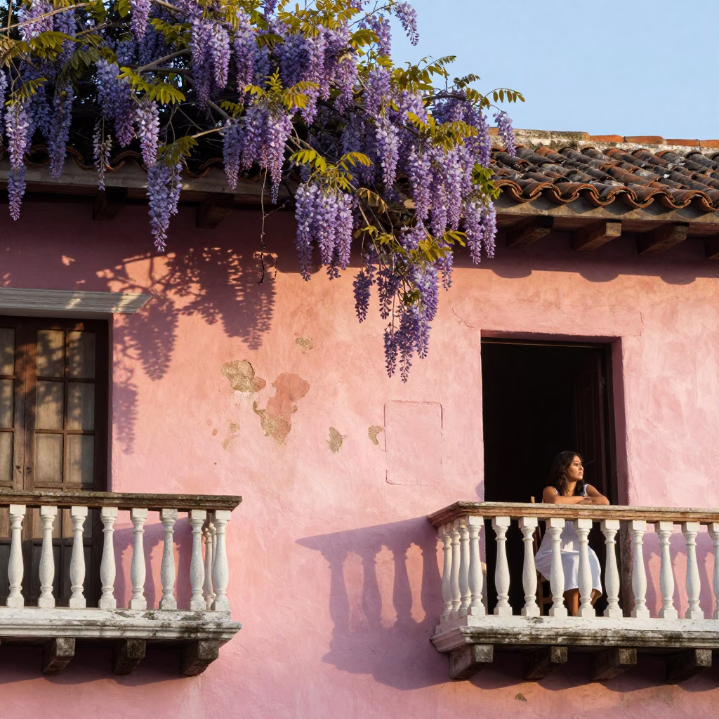Early Morning Sunlight on Colonial Cartagena Balcony with Wisteria and Tea in in Cartagena, Colombia
