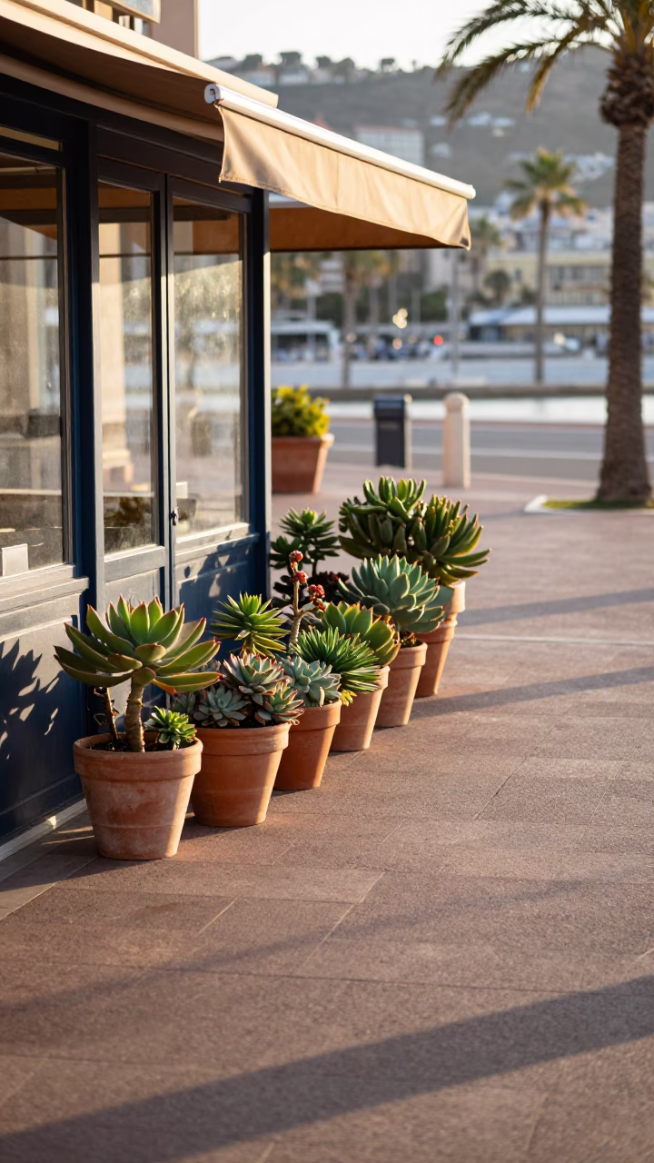 Early Morning Sunlight on Nice Promenade with Terracotta Pots and Leaf Shadows in in Nice, France