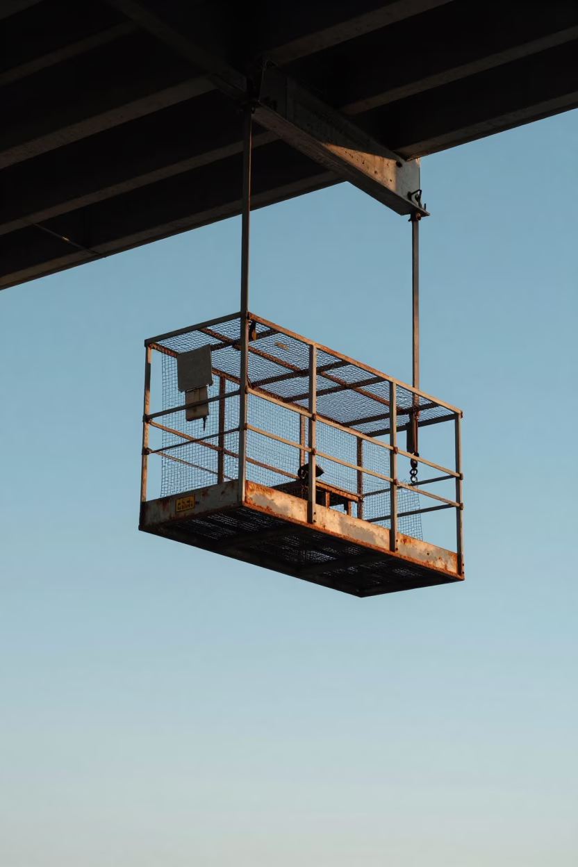 Early Morning Sunlight on Perth Bridge Maintenance Cage Swinging in Crosswind in in Perth, Western Australia, Australia