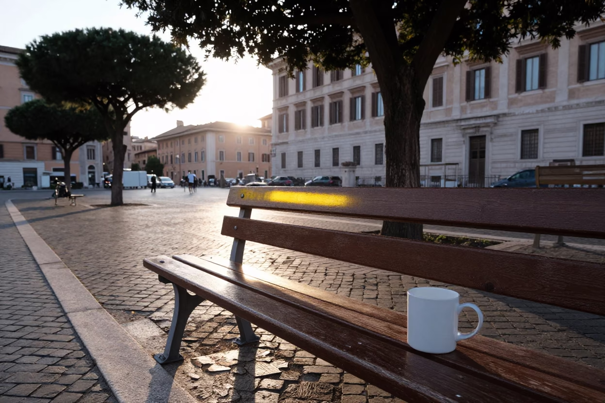Early Morning Sunlight on Rome Bench with Mug Tree and Cityscape in in Rome, Italy