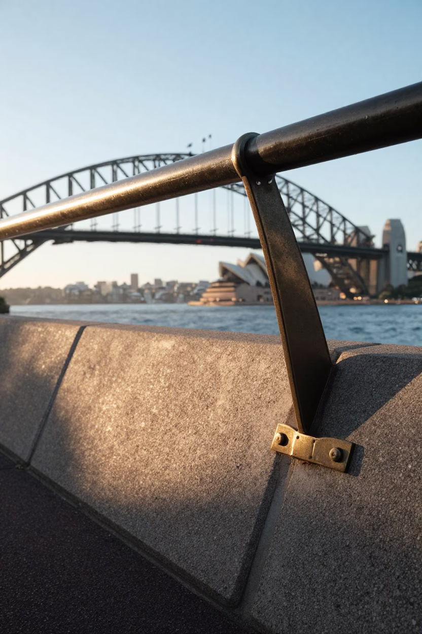 Early Morning Sunlight on Sydney Harbour Bridge Sill with Vintage Car Rally Passersby in in Sydney, New South Wales, Australia