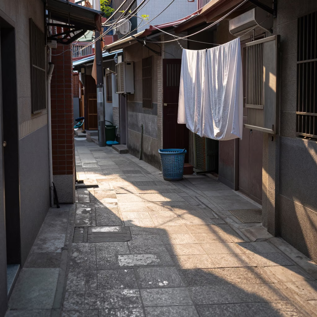 Early Morning Sunlight on Tainan Alleyway Tiles with Laundry and Blue Porcelain in in Tainan, Taiwan