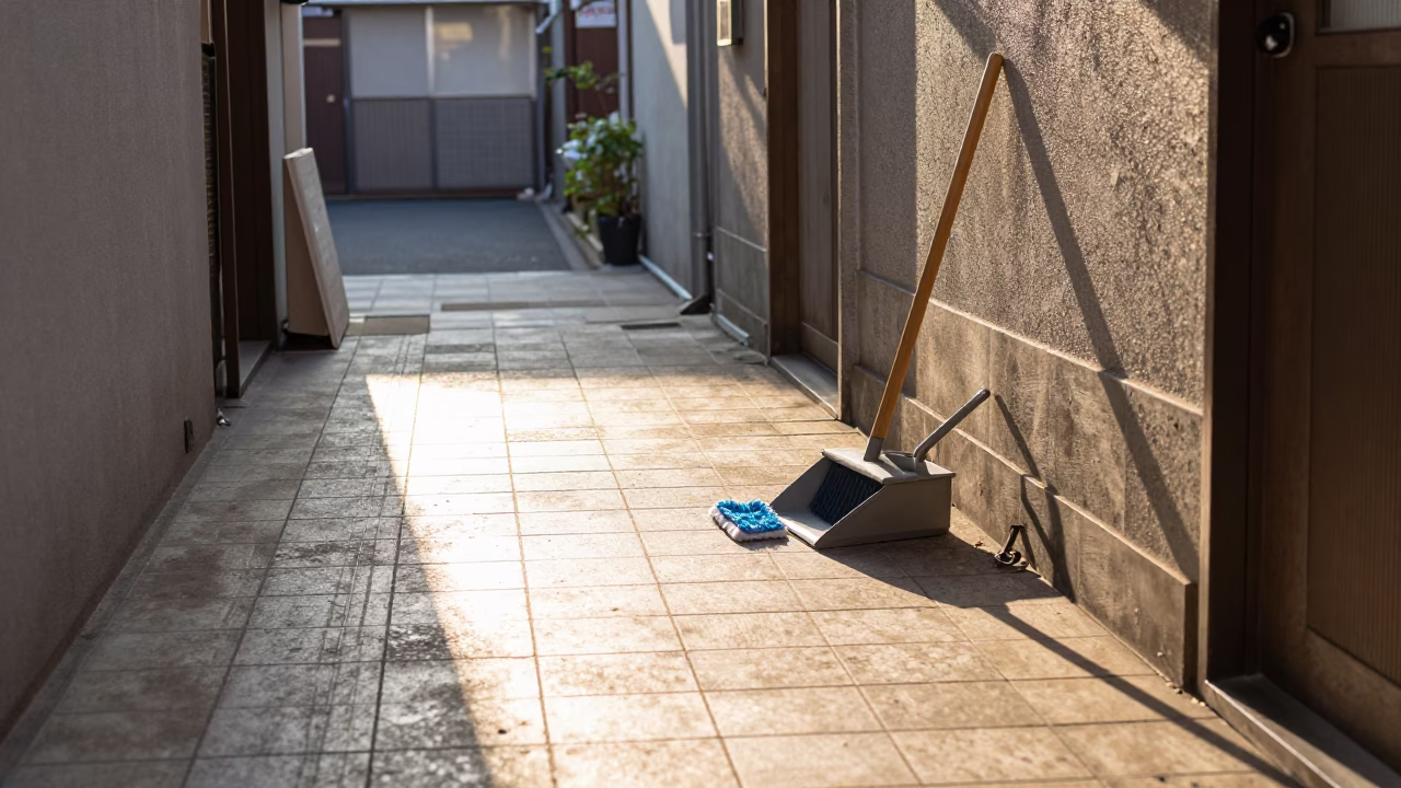 Early Morning Sunlight on Tiled Floor in Fukuoka Japan with Cleaning Tools in in Fukuoka, Japan