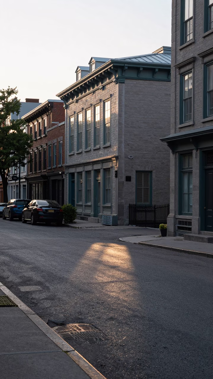 Early Morning Sunlight on Vintage Montreal Street Corner with Solar Panels and Clipboard in in Montreal, Quebec, Canada