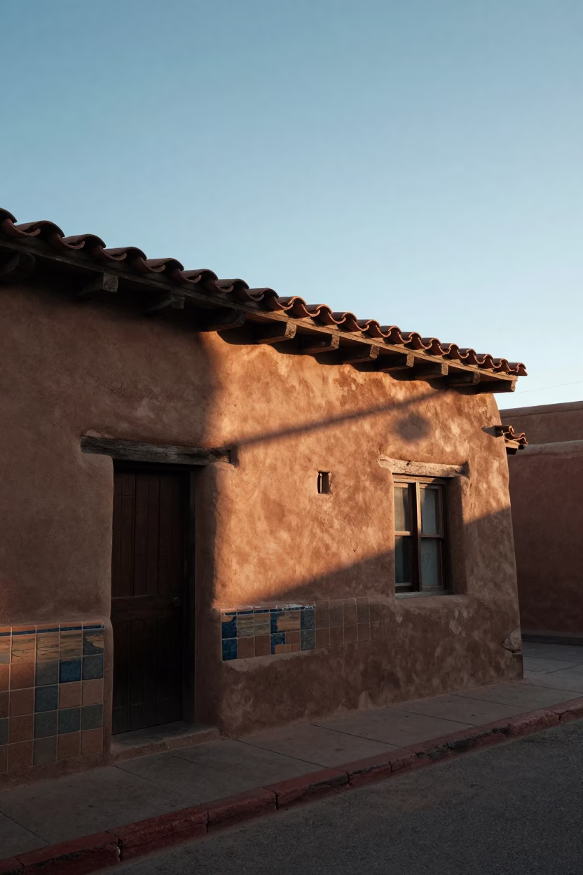 Early Morning Sunlight Striking Adobe Walls and Tile Grout in Santa Fe New Mexico in in Santa Fe, New Mexico, United States