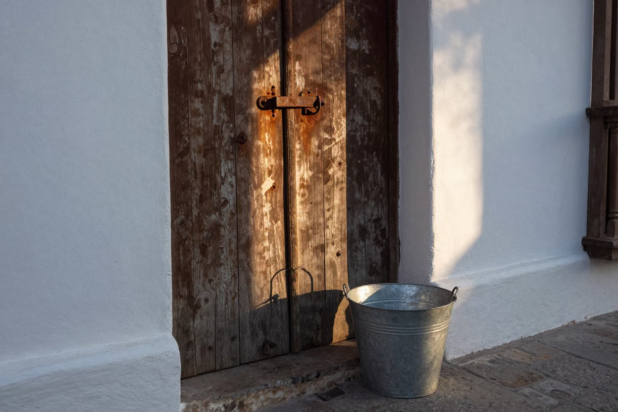 Early Morning Sunlight Striking Metal Bucket on Colonial Cartagena Colombia Street in in Cartagena, Colombia