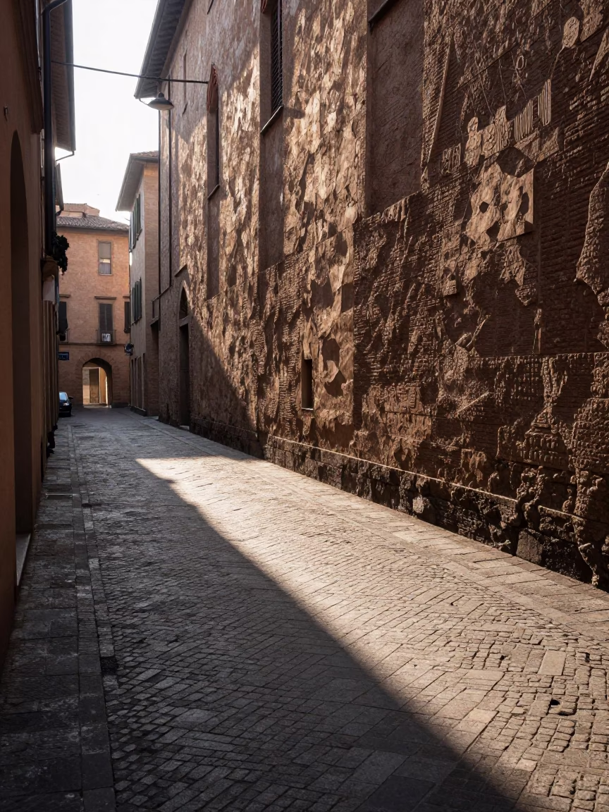 Early Morning Sunlight Stripes on Ceramic Cup in Bologna Italy Street Scene in in Bologna, Italy