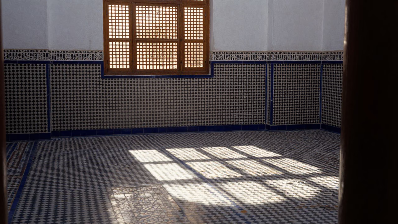 Early Morning Sunlight Stripes on Zellige Tiles in Fez Morocco Courtyard in in Fez, Morocco