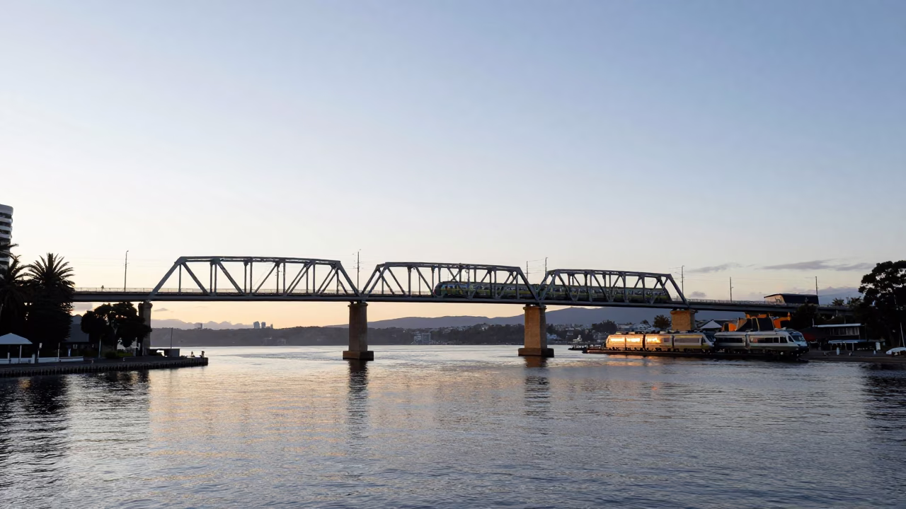 Early Morning Sunrise Over Hobart Waterfront with Commuter Train Crossing Bridge in in Hobart, Tasmania, Australia