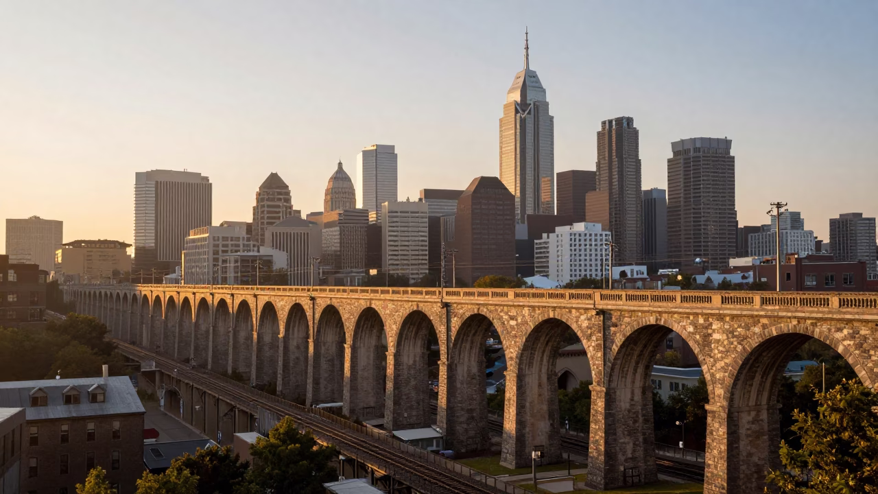 Early Morning Sunrise Over Philadelphia Railway Viaduct Arches and Passing Train in in Philadelphia, Pennsylvania, United States