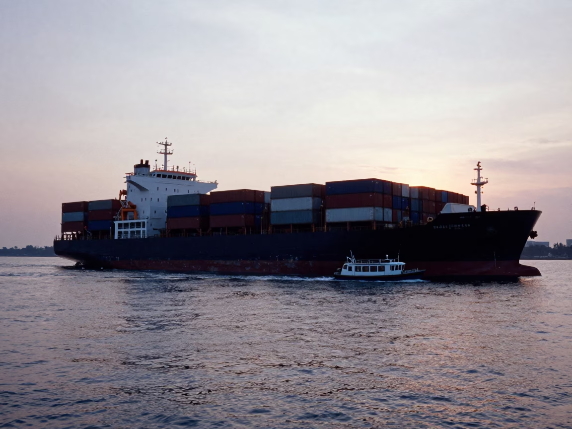 Early Morning Surabaya Indonesia Pilot Boat Guiding Container Ship Into Port in in Surabaya, Indonesia