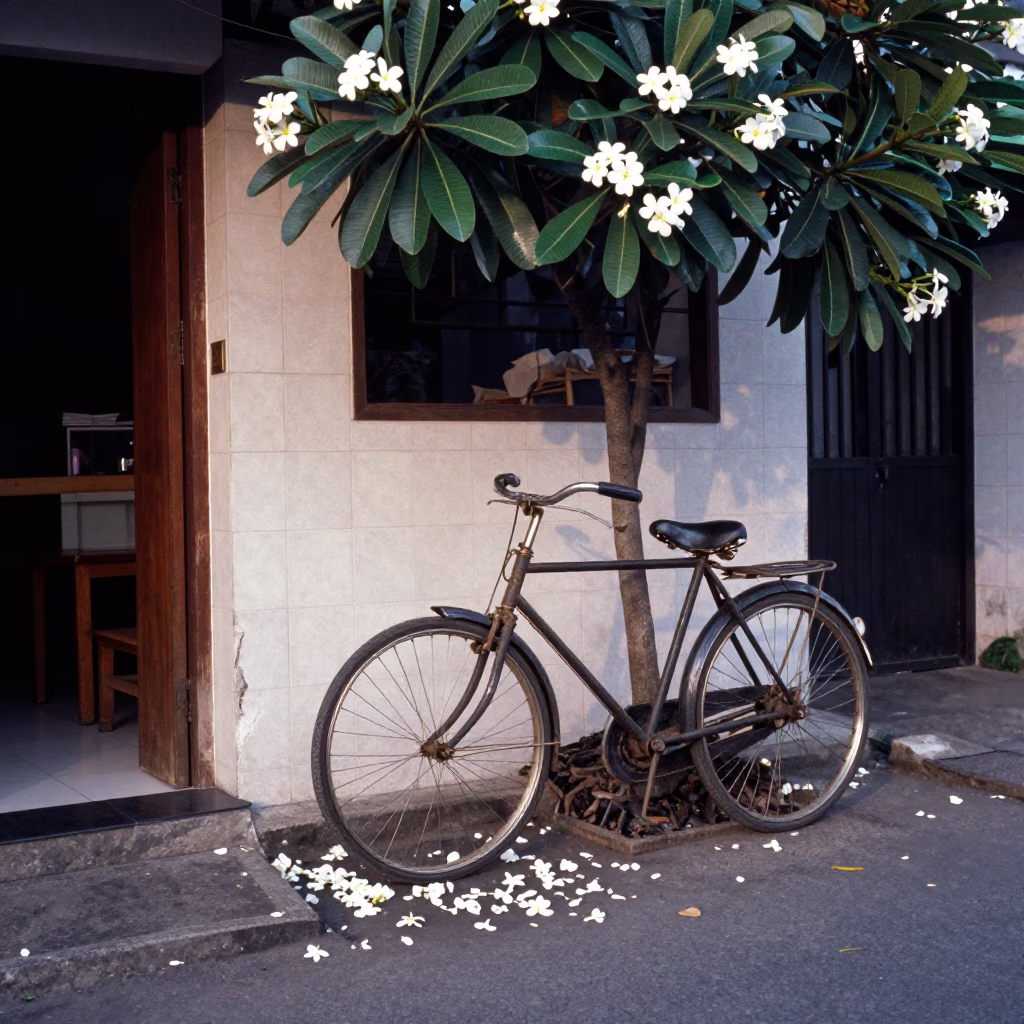 Early Morning Surabaya Street Scene with Bicycle and Plumeria Petals in in Surabaya, Indonesia