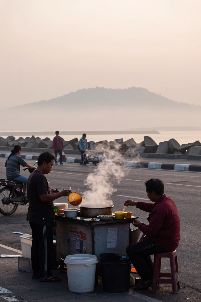 Early Morning Surabaya Street Scene with Local Breakfast Vendor and Condensation in in Surabaya, Indonesia