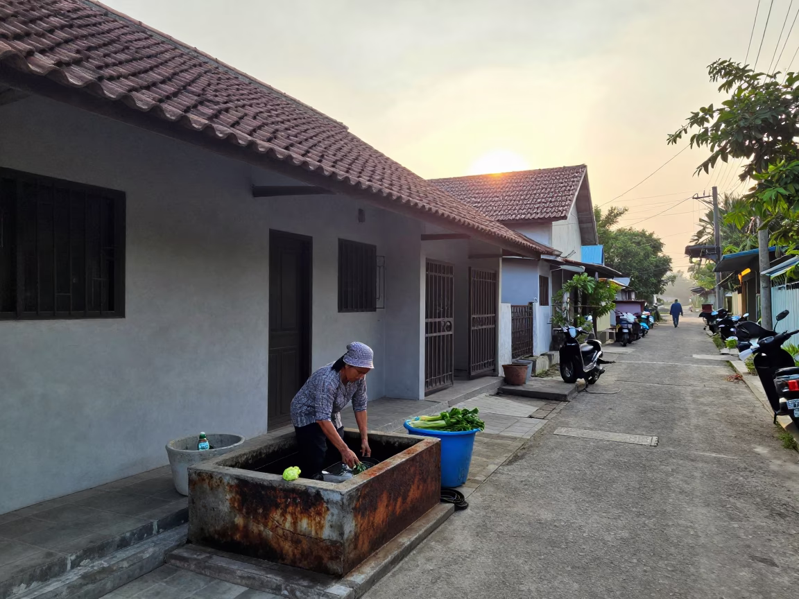 Early Morning Surabaya Street Scene with Rusty Basin and Copper Pots in in Surabaya, Indonesia