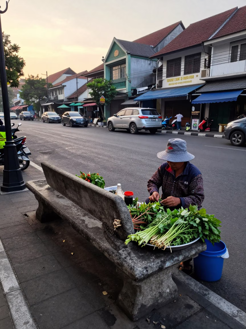 Early Morning Surabaya Street Scene with Stone Bench and Local Vendor in in Surabaya, Indonesia