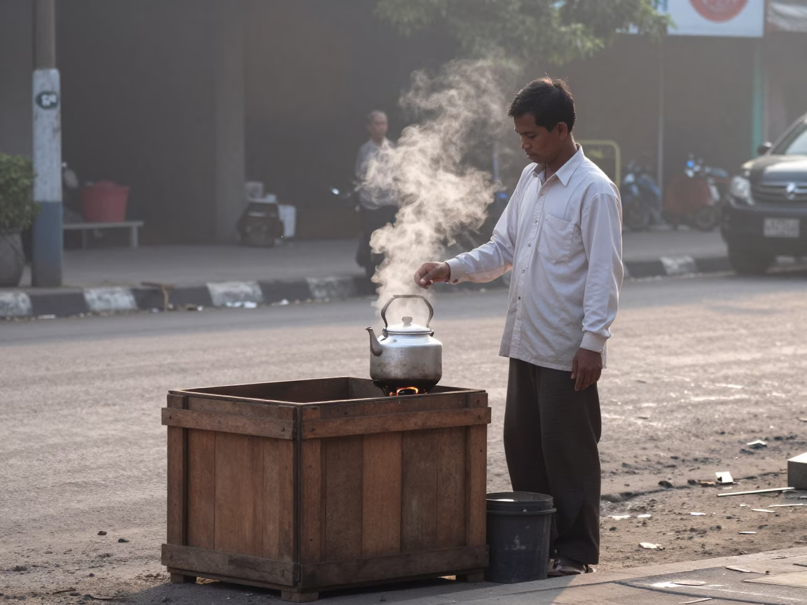 Early Morning Surabaya Street Scene with Wooden Crate and Kettle in in Surabaya, Indonesia