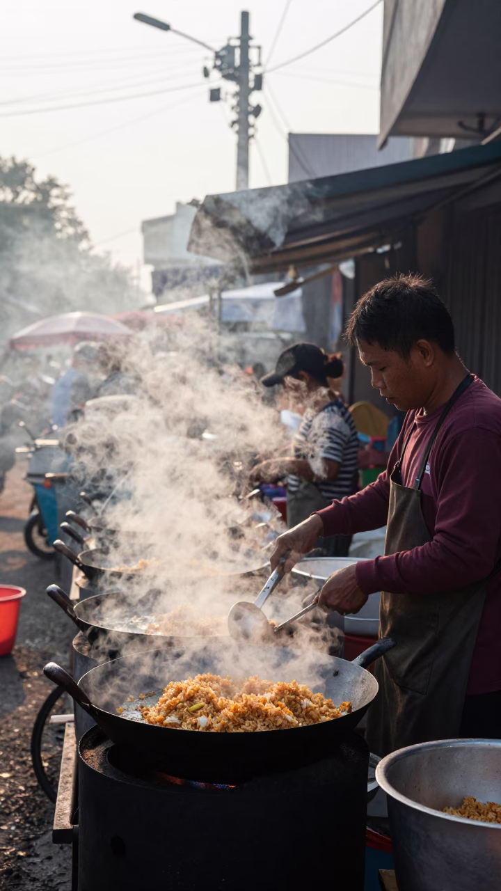 Early Morning Surabaya Street Vendor Cooking Nasi Goreng with Woks and Steam in in Surabaya, Indonesia