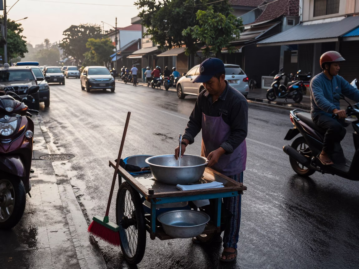 Early Morning Surabaya Street Vendor with Wash Basin and Hand Broom in in Surabaya, Indonesia