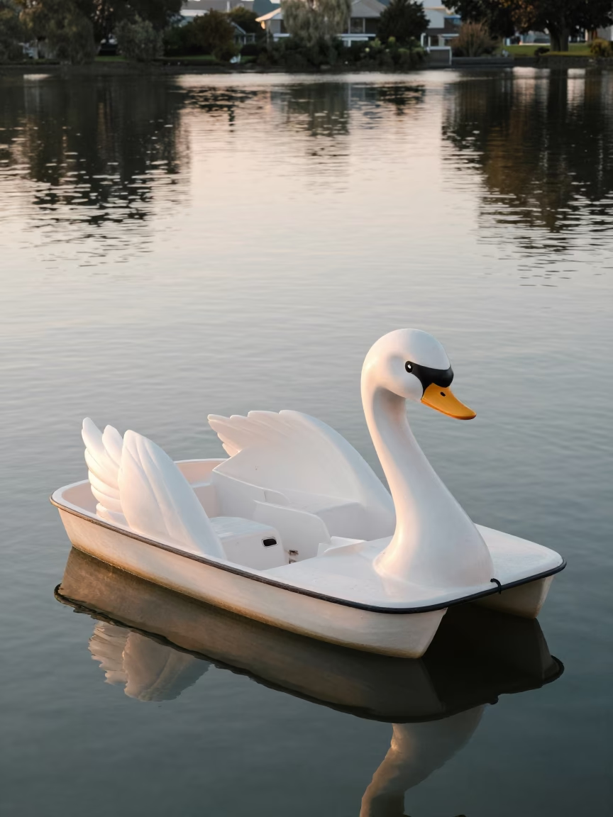 Early Morning Swan Pedal Boat on Christchurch Avon River Park Lake in in Christchurch, New Zealand