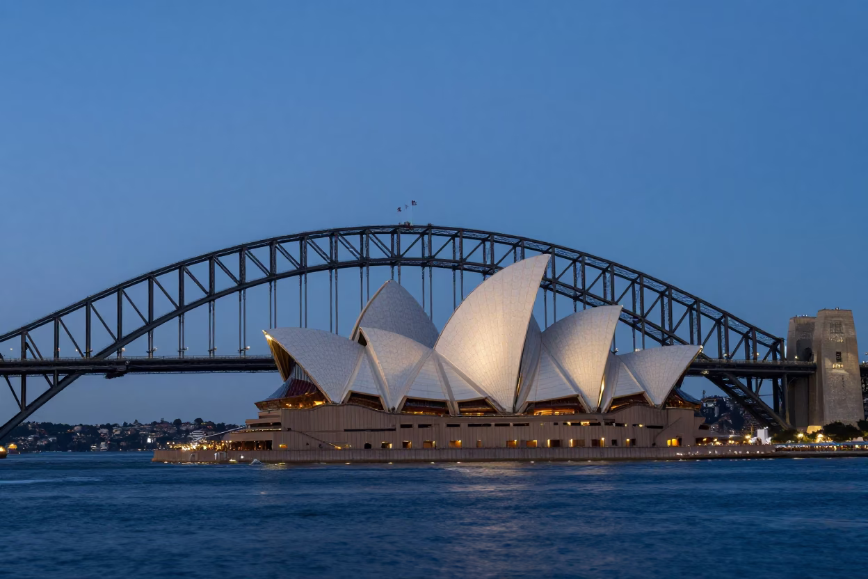 Early Morning Sydney Harbor Bridge and Opera House Dawn Light Realistic Photograph in in Sydney, New South Wales, Australia