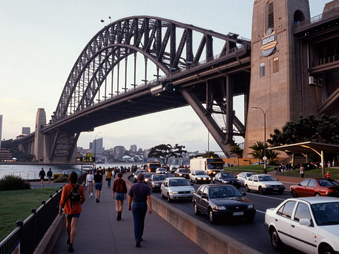 Early Morning Sydney Harbor Bridge Concrete Viaduct Traffic Flow in in Sydney, New South Wales, Australia