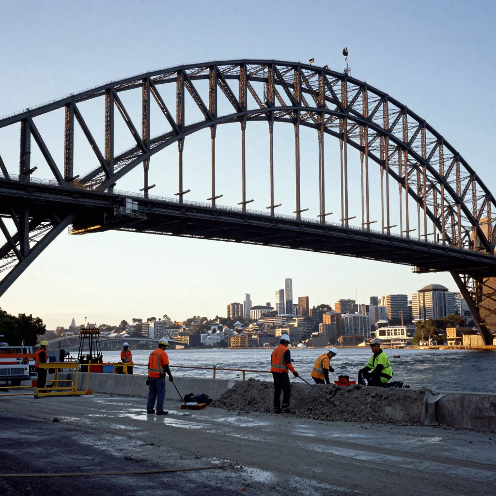 Early Morning Sydney Harbor Bridge Construction Workers with Concrete Viaduct and Supply Helicopter in in Sydney, New South Wales, Australia