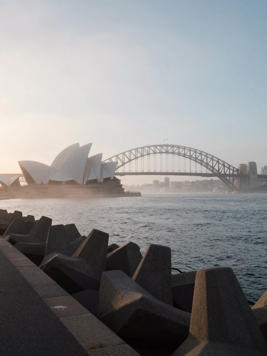 Early Morning Sydney Harbour Bridge and Opera House Foggy Coastline in in Sydney, New South Wales, Australia