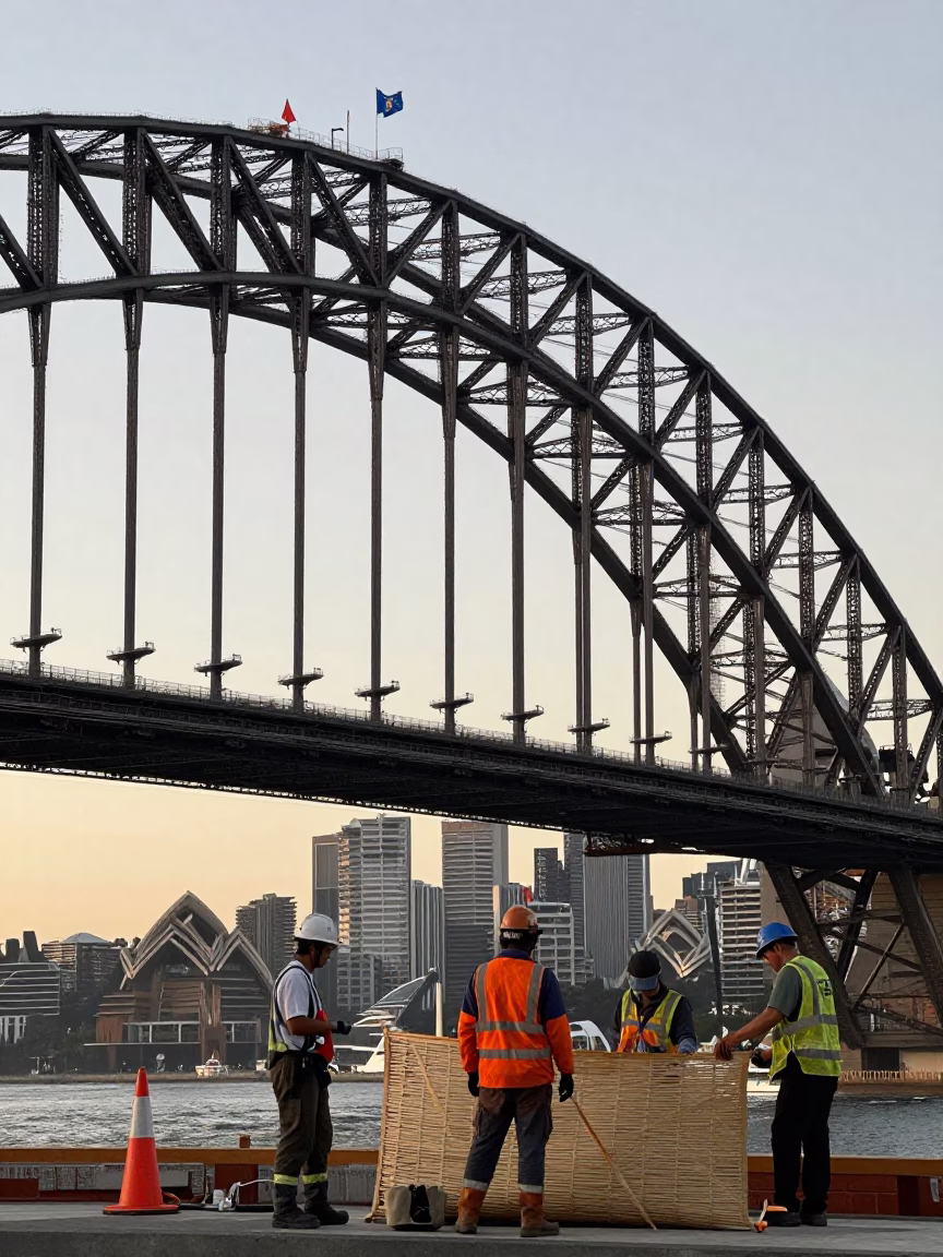 Early Morning Sydney Harbour Bridge Construction Workers with Woven Baskets and Bread Boards in in Sydney, New South Wales, Australia