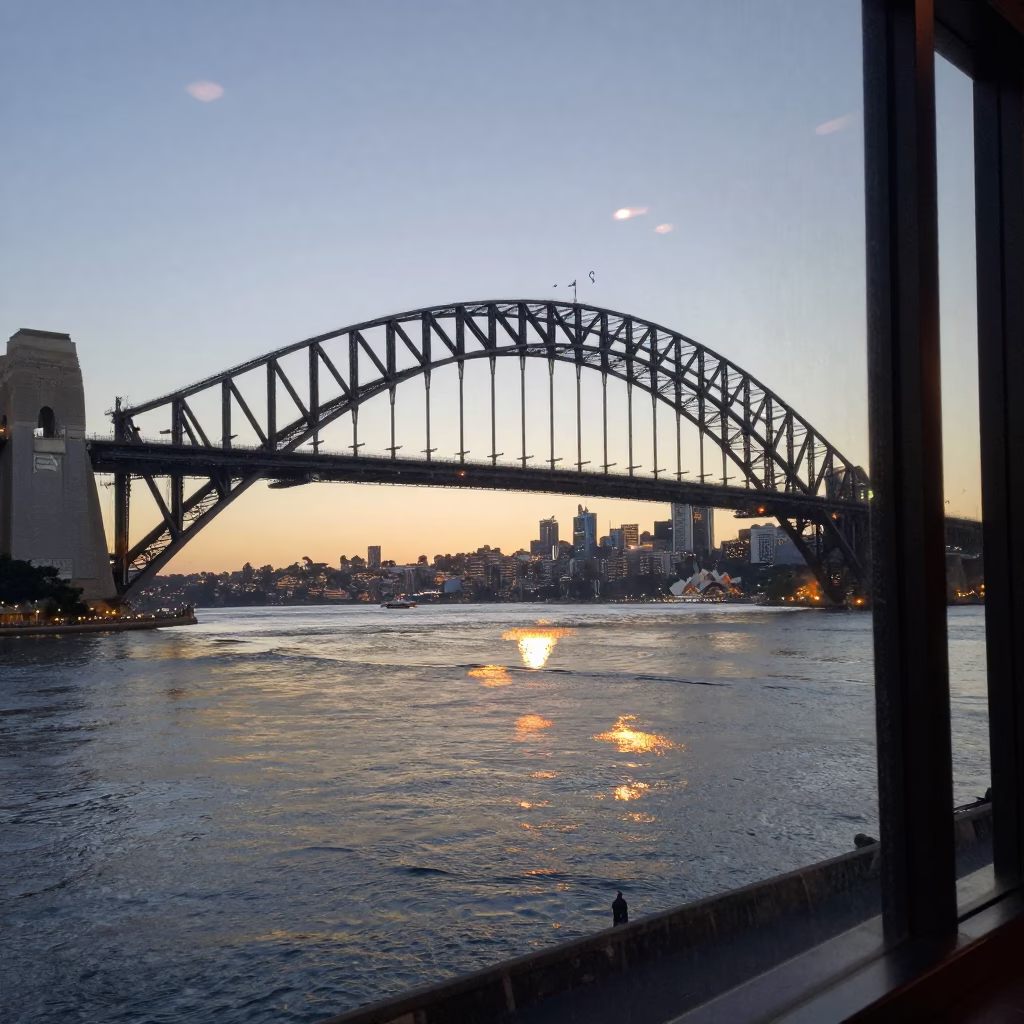 Early Morning Sydney Harbour Bridge Light Reflection on Glass Window in in Sydney, New South Wales, Australia