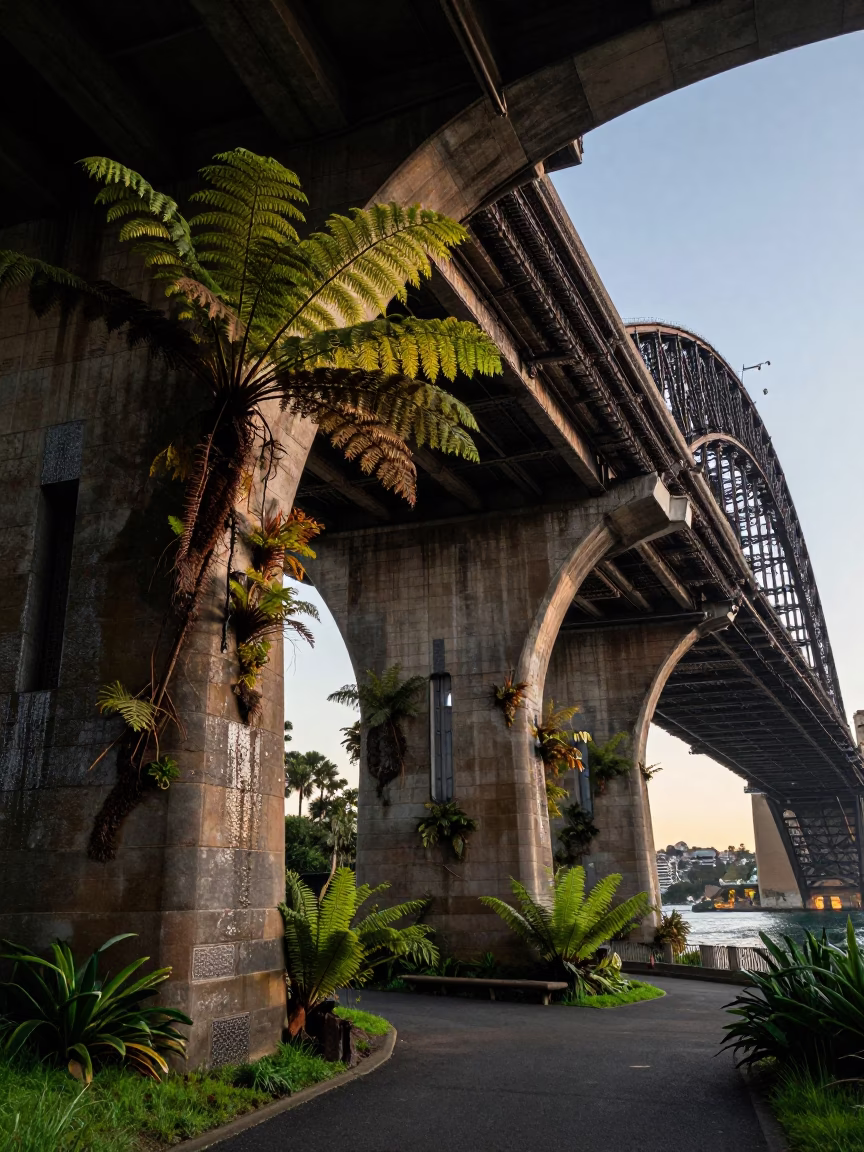Early Morning Sydney Harbour Bridge Viaduct Undercroft with Ferns and Dripping Water in in Sydney, New South Wales, Australia