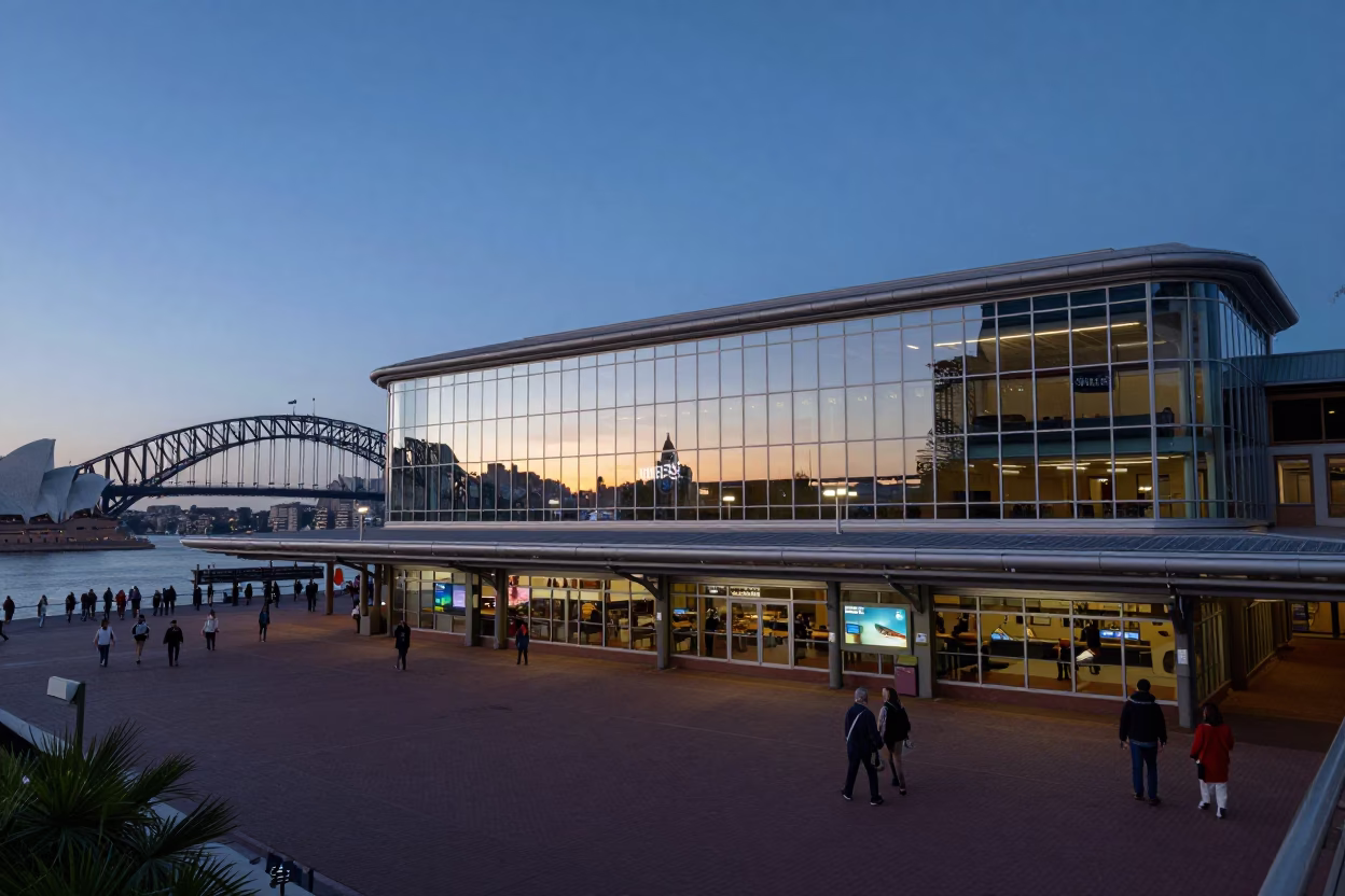Early Morning Sydney Harbour Ferry Terminal with Commuters and City Skyline Before Sunrise in in Sydney, New South Wales, Australia