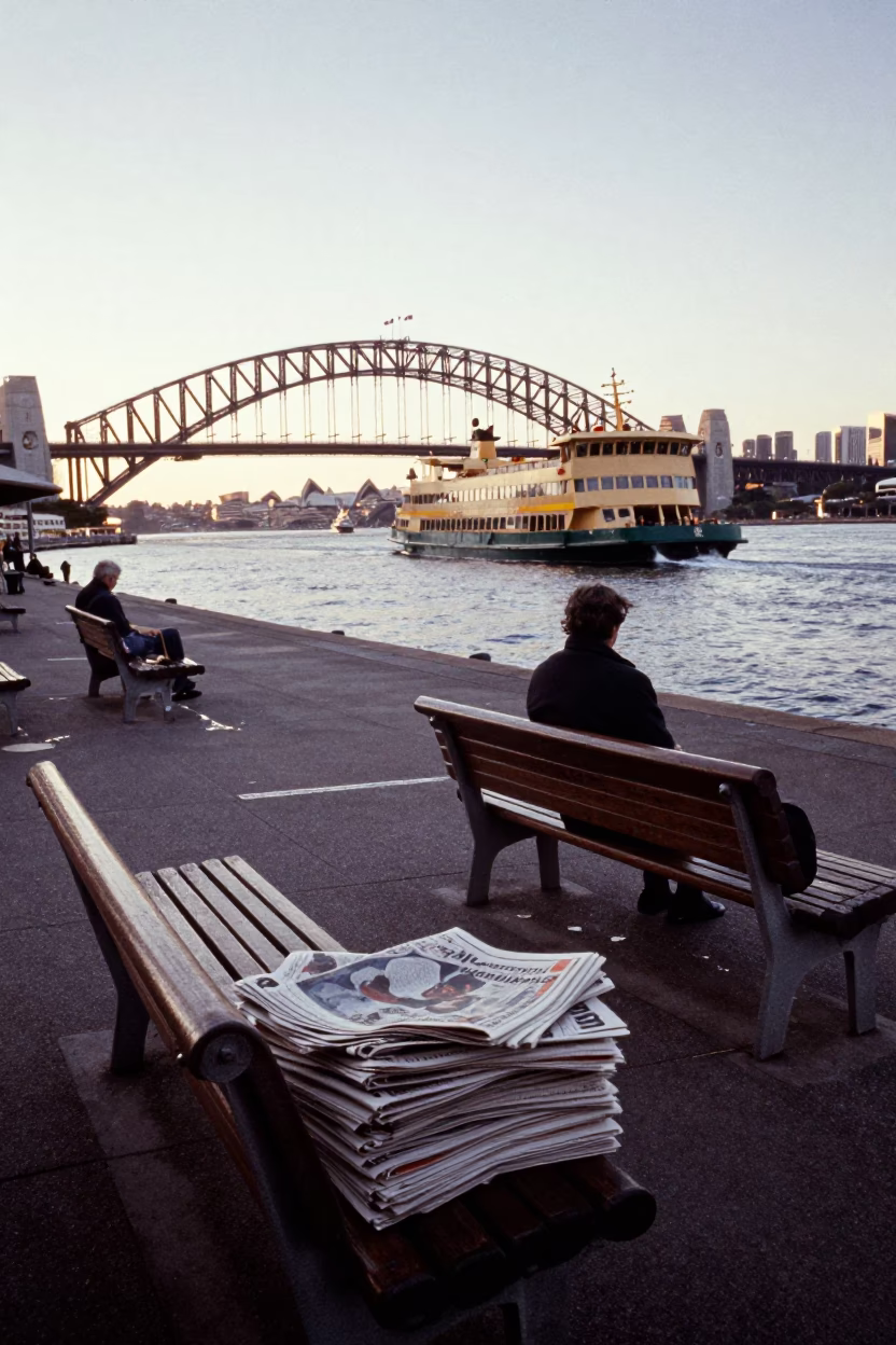 Early Morning Sydney Harbour Ferry Terminal with Newspaper Stack and Coffee in in Sydney, New South Wales, Australia