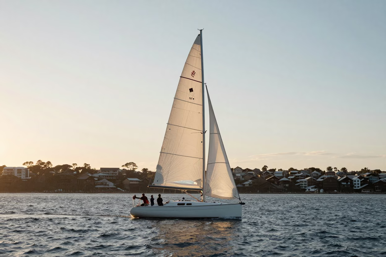 Early Morning Sydney Harbour Sailboat Wing-on-Wing Sailing Shot in in Sydney, New South Wales, Australia