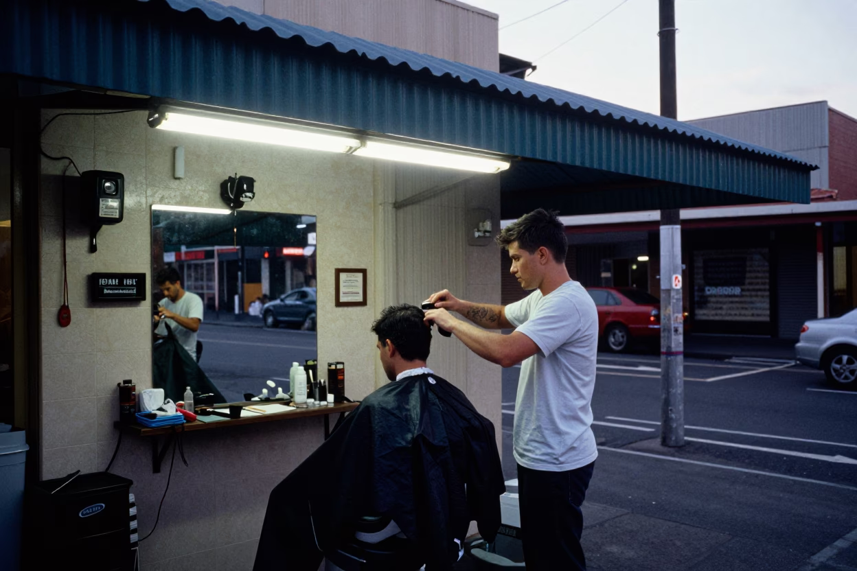 Early Morning Sydney Street Scene Barber Shop Open-Air Haircut Before Sunrise in in Sydney, New South Wales, Australia