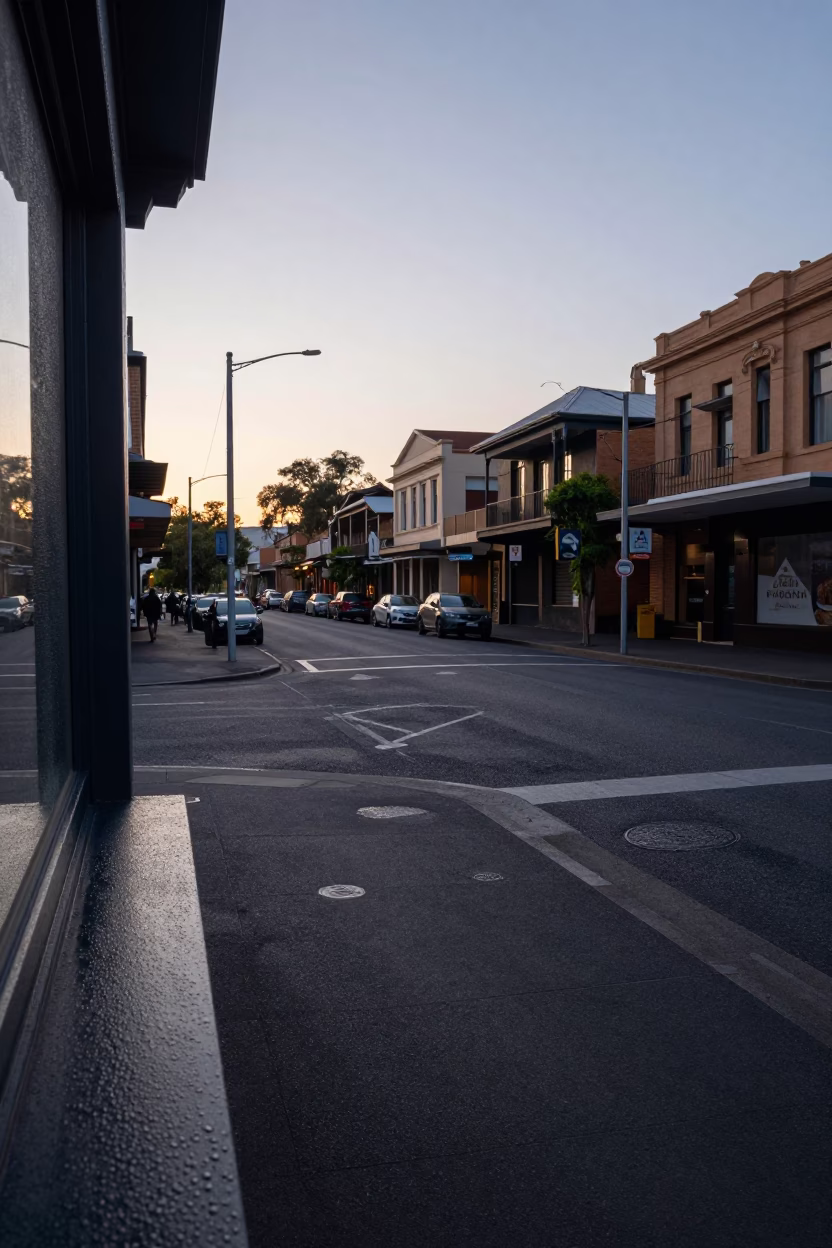 Early Morning Sydney Street Scene Before Sunrise with Condensation on Window Sill in in Sydney, New South Wales, Australia