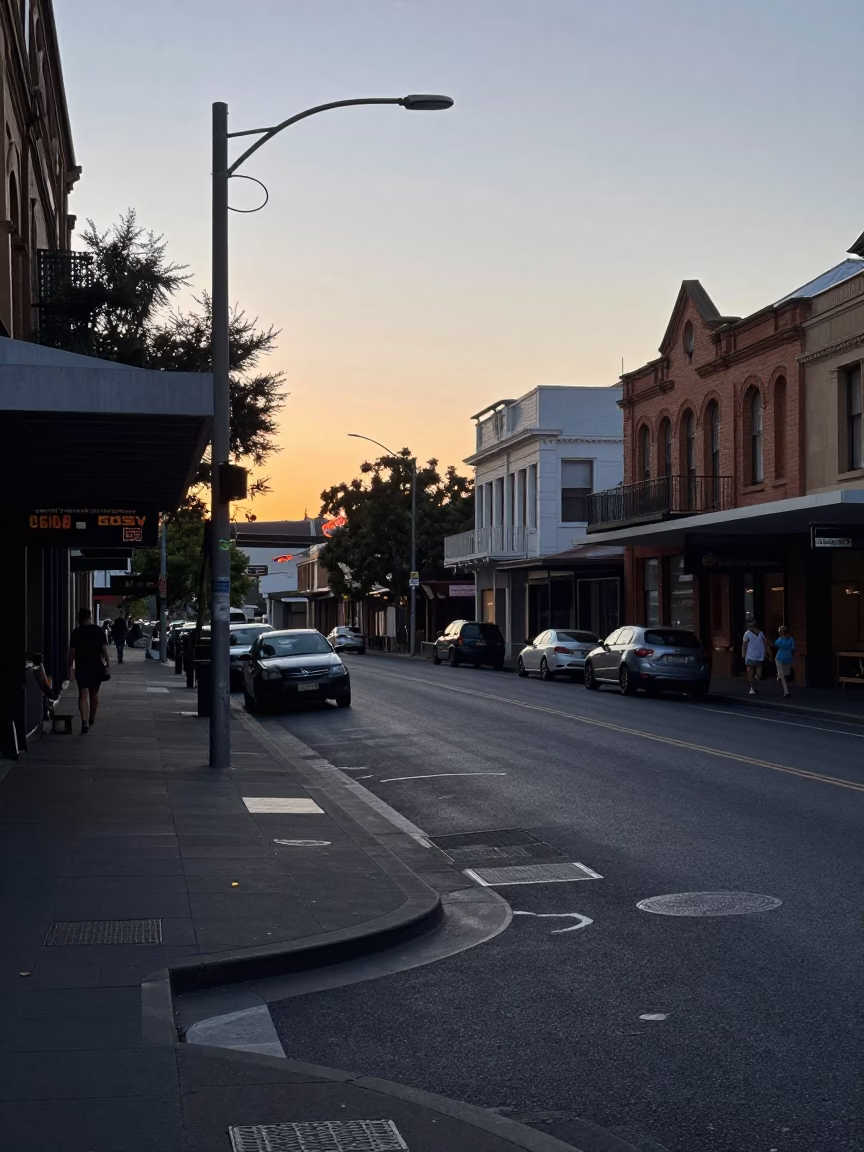 Early Morning Sydney Street Scene Before Sunrise with Tea Infuser and Draft Stopper in in Sydney, New South Wales, Australia